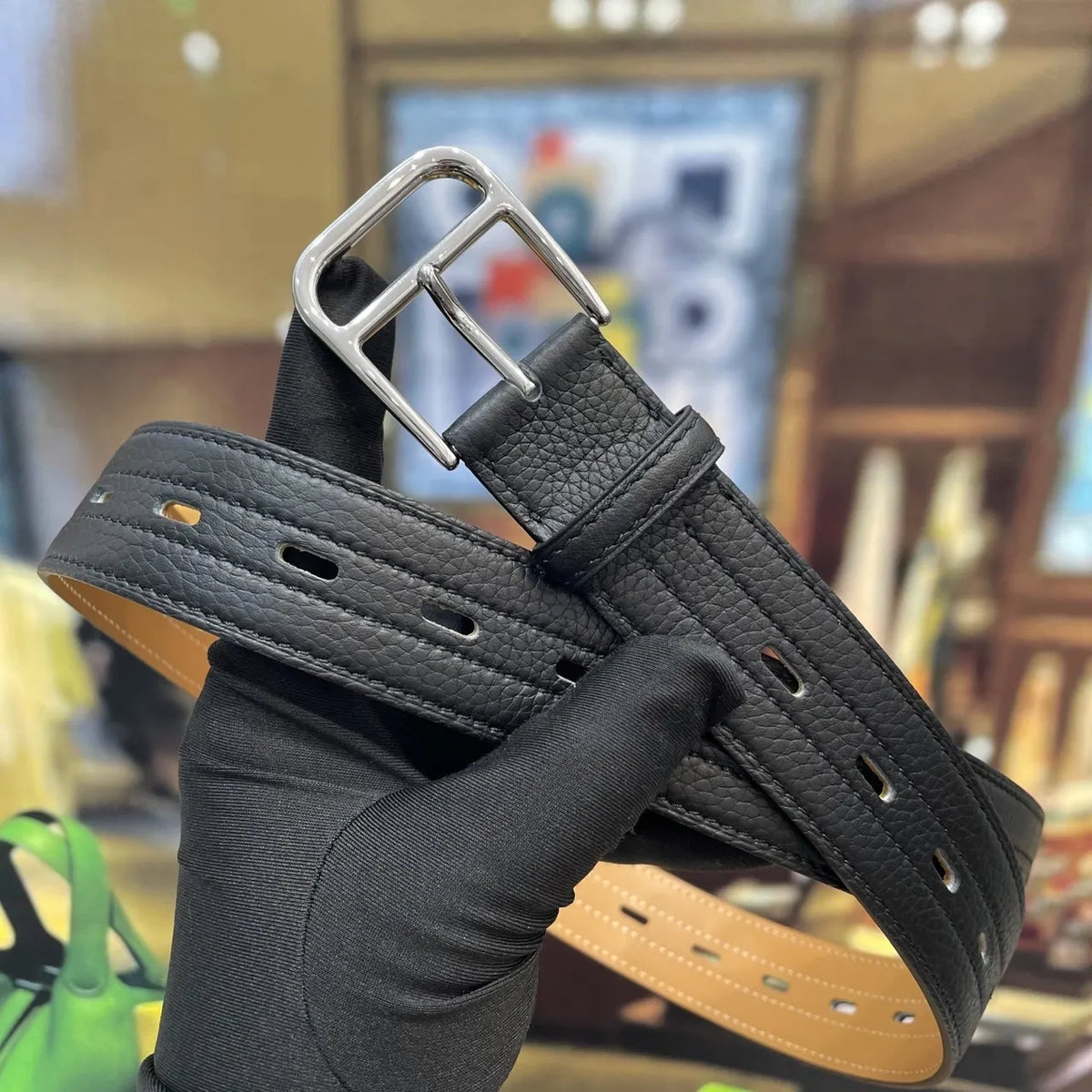 silver Hermes Black Textured Leather Belt - Hình 2