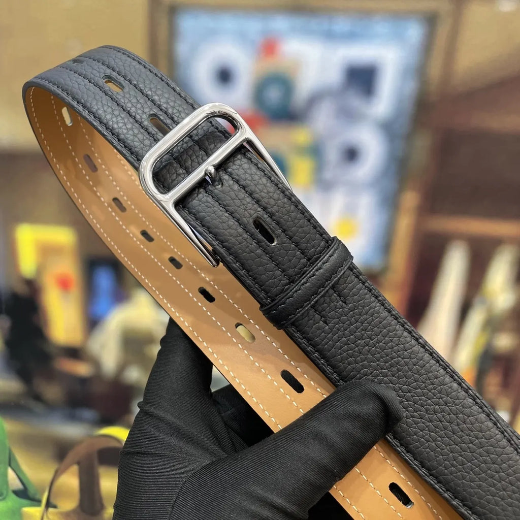 silver Hermes Black Textured Leather Belt - Hình 3