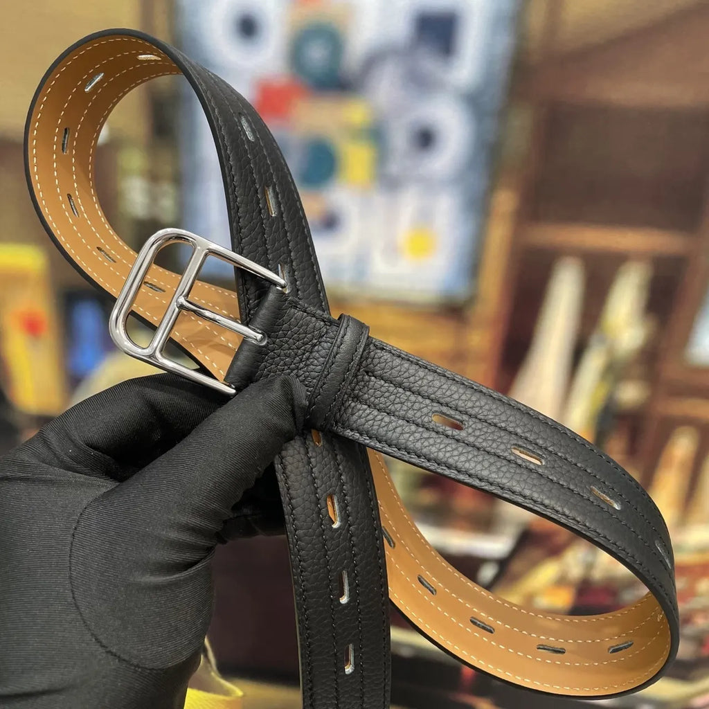 silver Hermes Black Textured Leather Belt - Hình 4