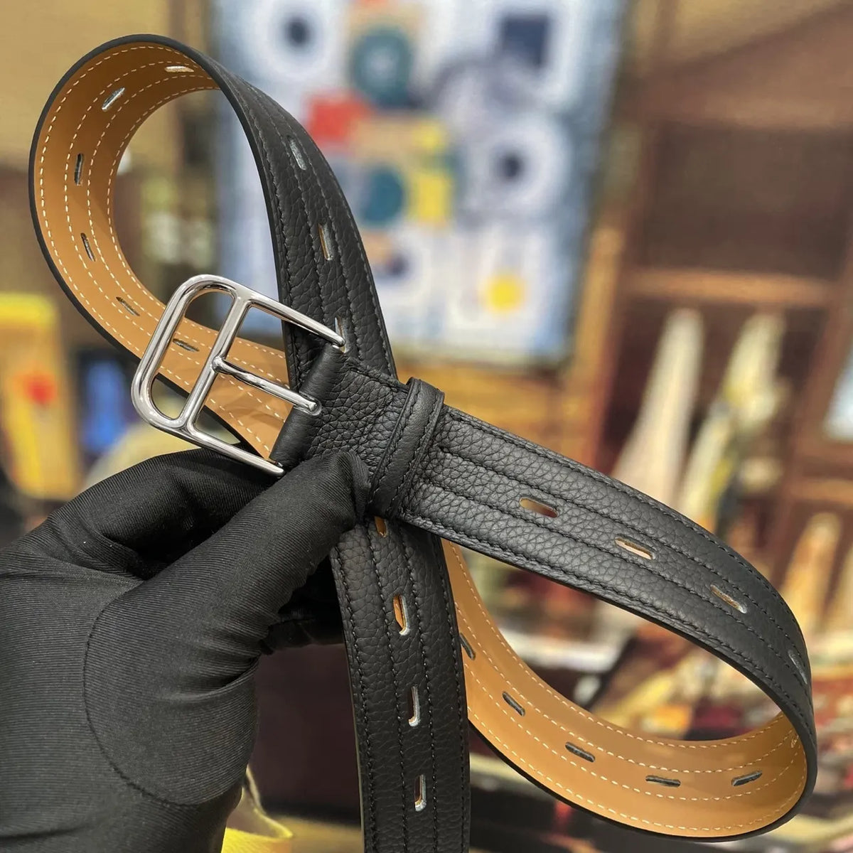 silver Hermes Black Textured Leather Belt - Hình 4