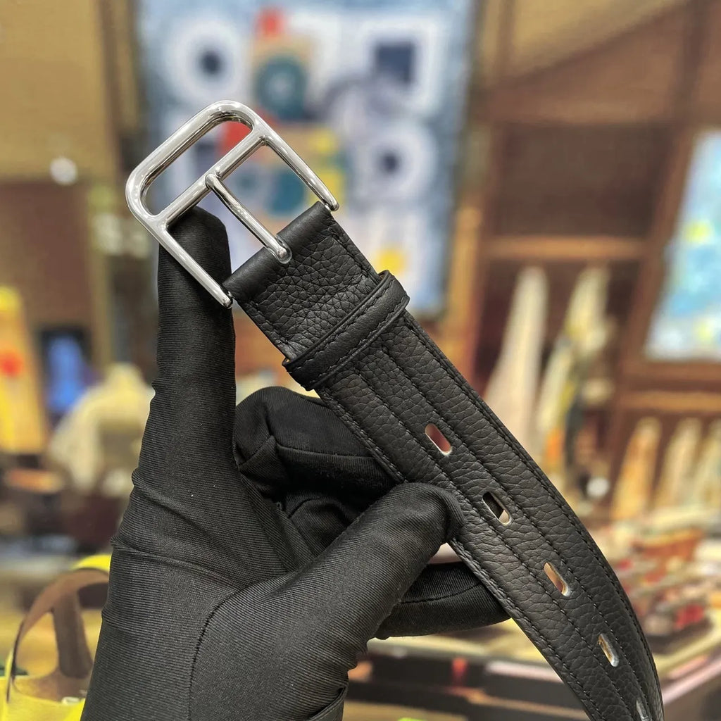 silver Hermes Black Textured Leather Belt - Hình 5