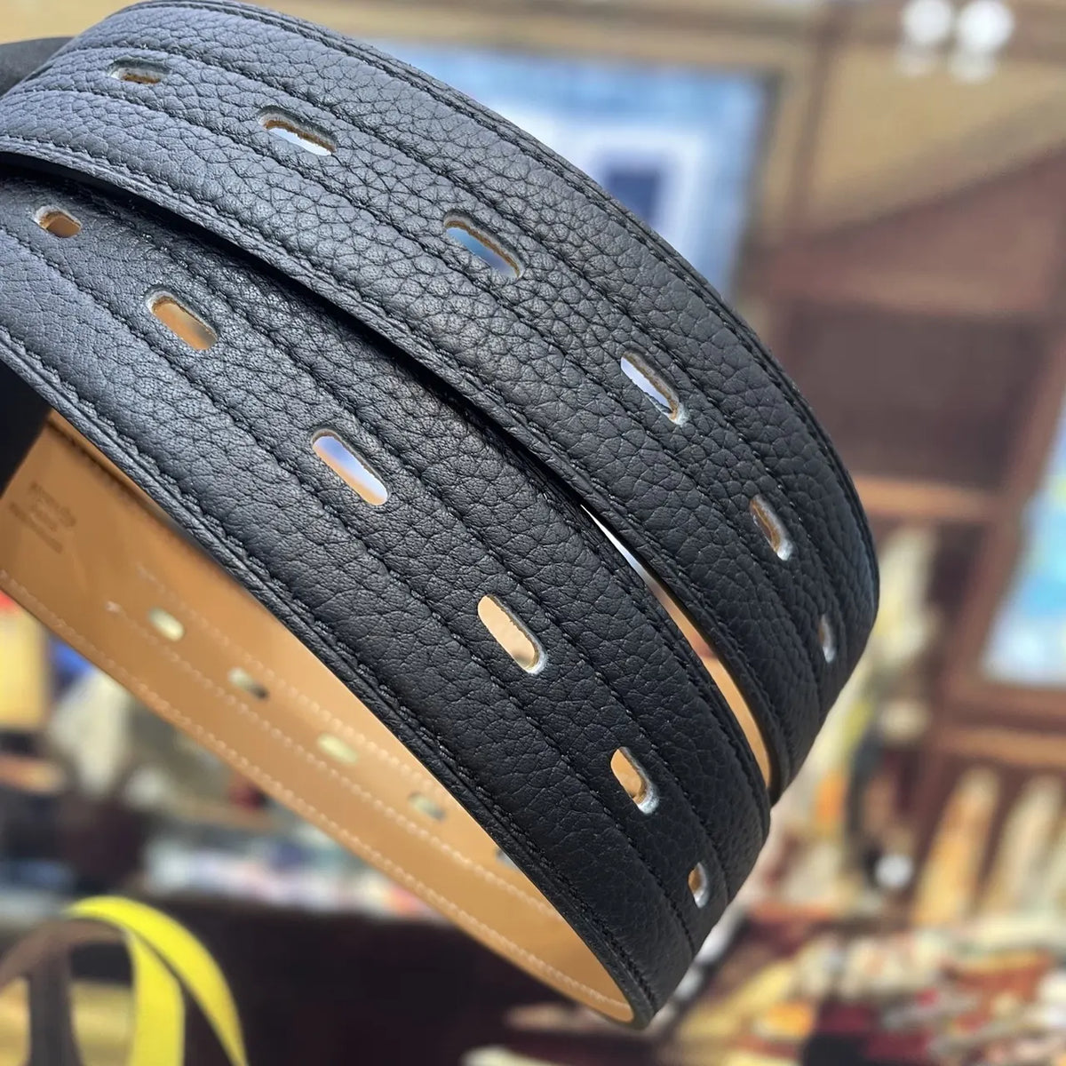 silver Hermes Black Textured Leather Belt - Hình 6