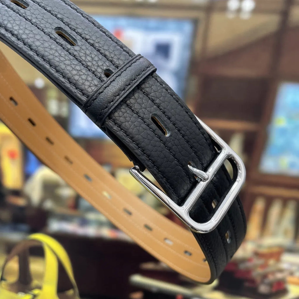 silver Hermes Black Textured Leather Belt - Hình 7
