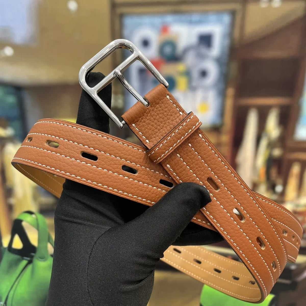 Hermes Tan Leather Stitch Belt - Hình 2