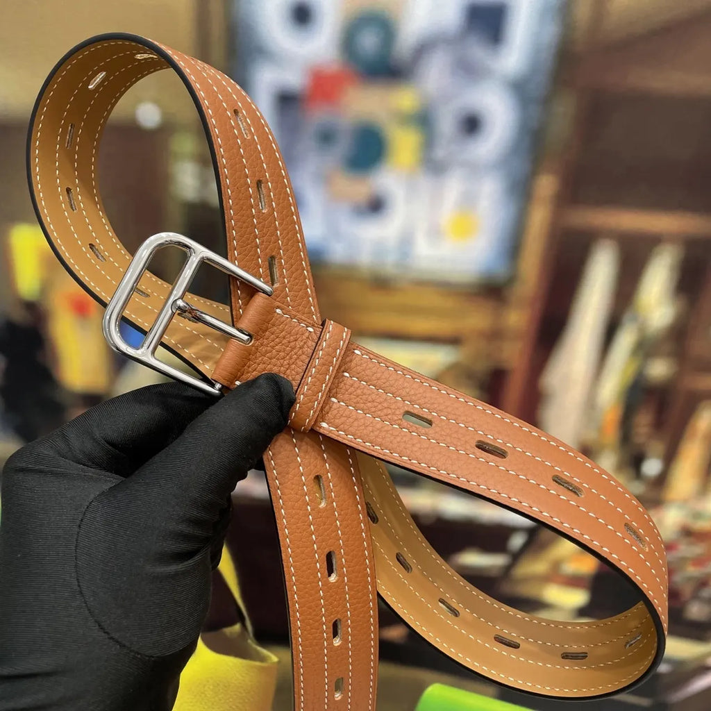 Hermes Tan Leather Stitch Belt - Hình 4