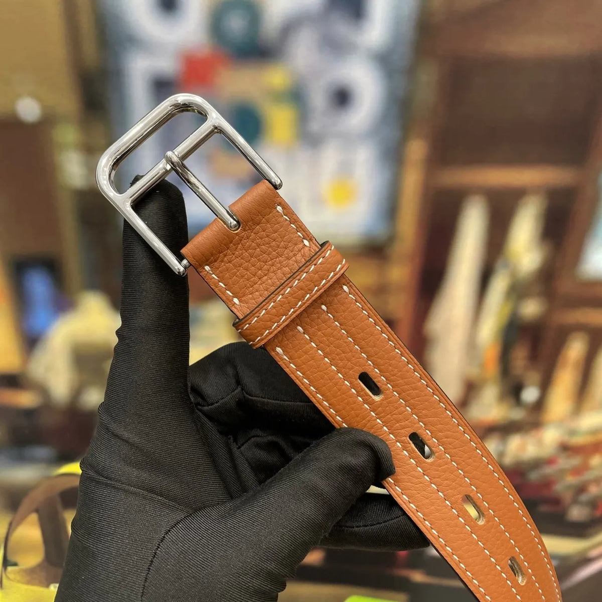 Hermes Tan Leather Stitch Belt - Hình 5