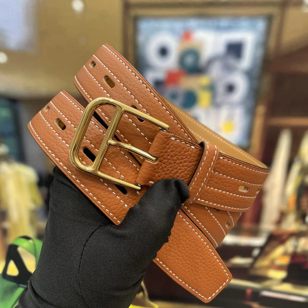 designer style Hermes Gold Buckle Tan Leather Belt