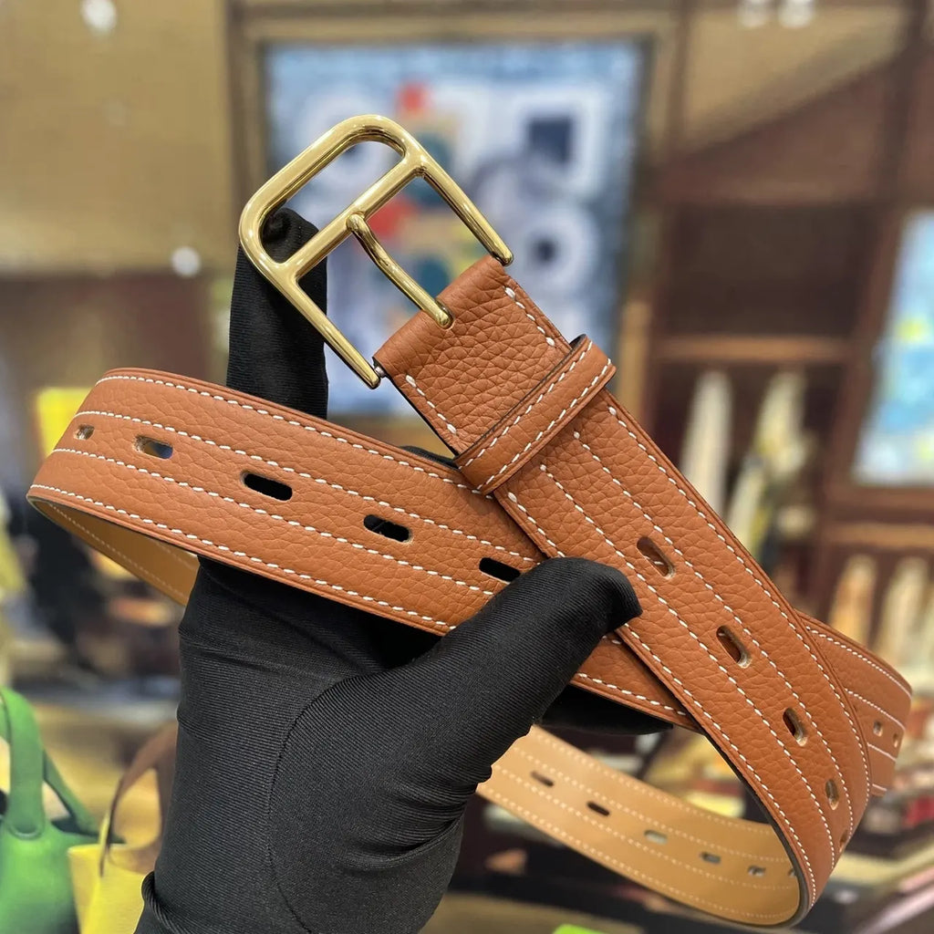 designer style Hermes Gold Buckle Tan Leather Belt - Hình 2
