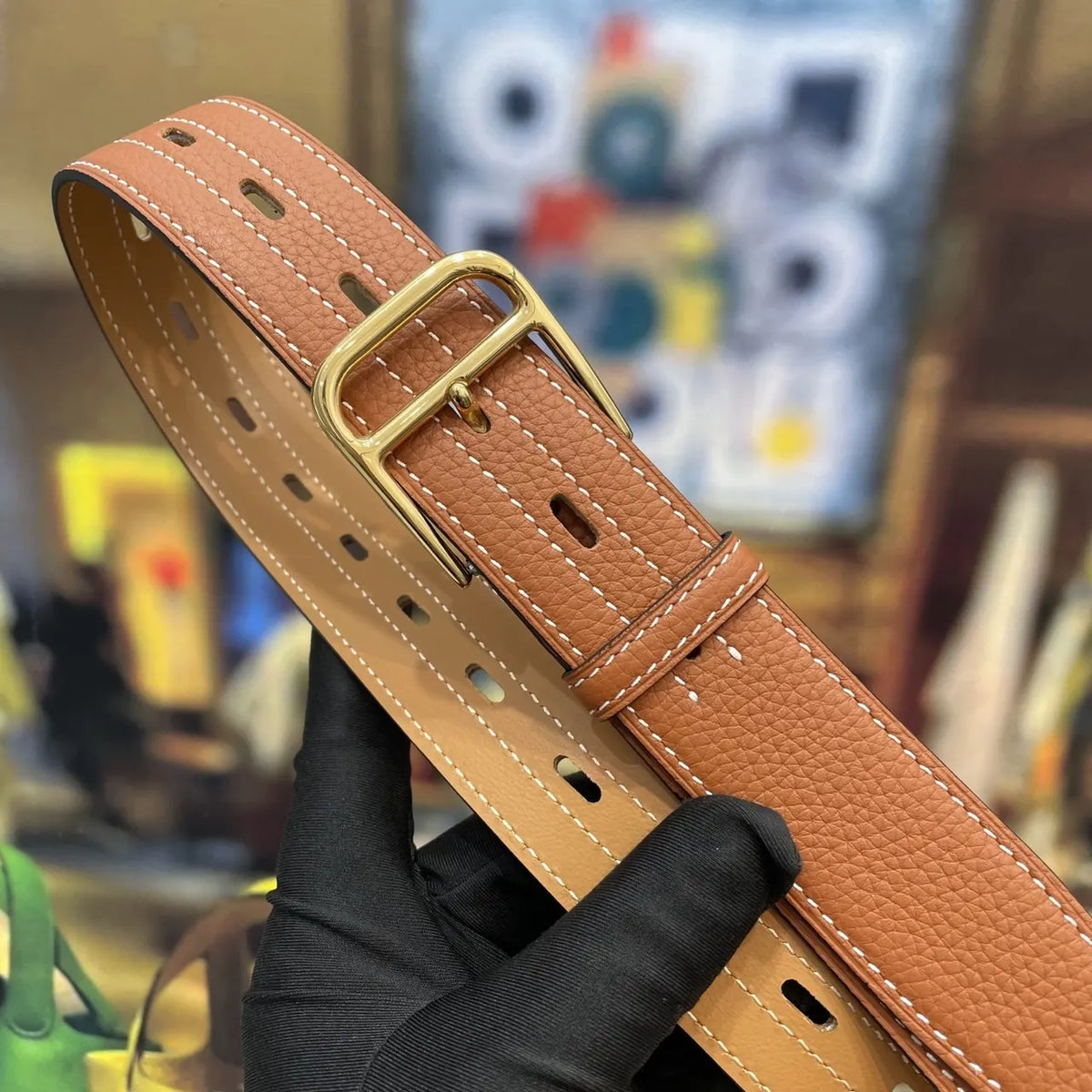 designer style Hermes Gold Buckle Tan Leather Belt - Hình 3
