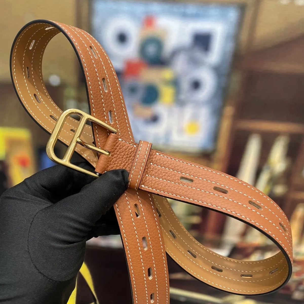 designer style Hermes Gold Buckle Tan Leather Belt - Hình 4