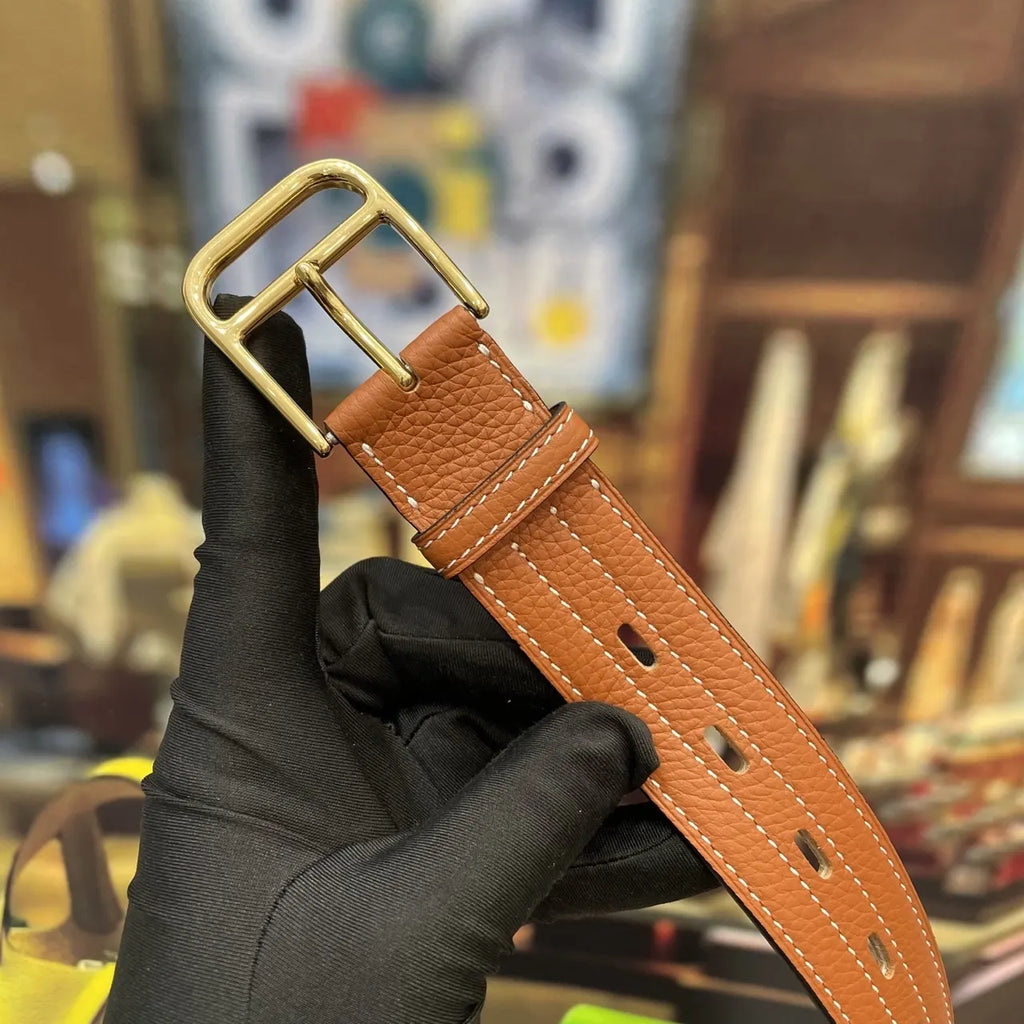 designer style Hermes Gold Buckle Tan Leather Belt - Hình 5