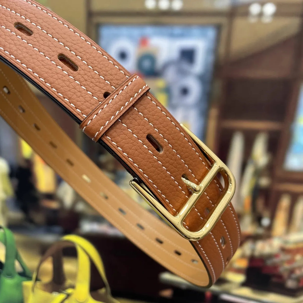 designer style Hermes Gold Buckle Tan Leather Belt - Hình 7