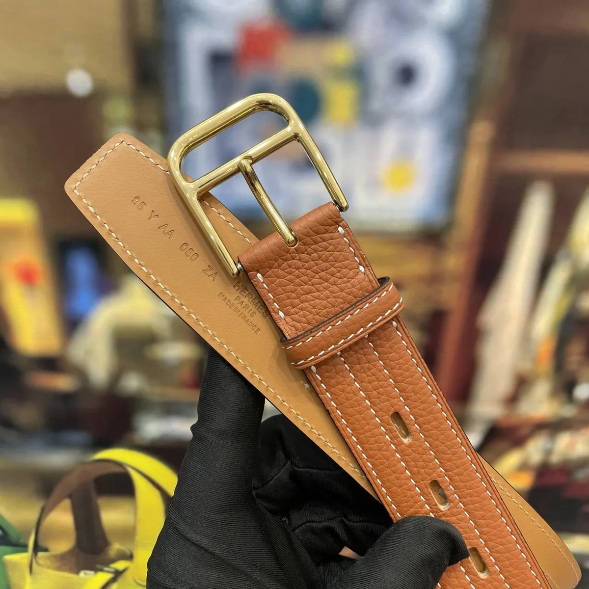 designer style Hermes Gold Buckle Tan Leather Belt - Hình 8