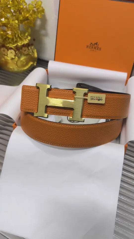 Hermes Orange Leather Belt gold