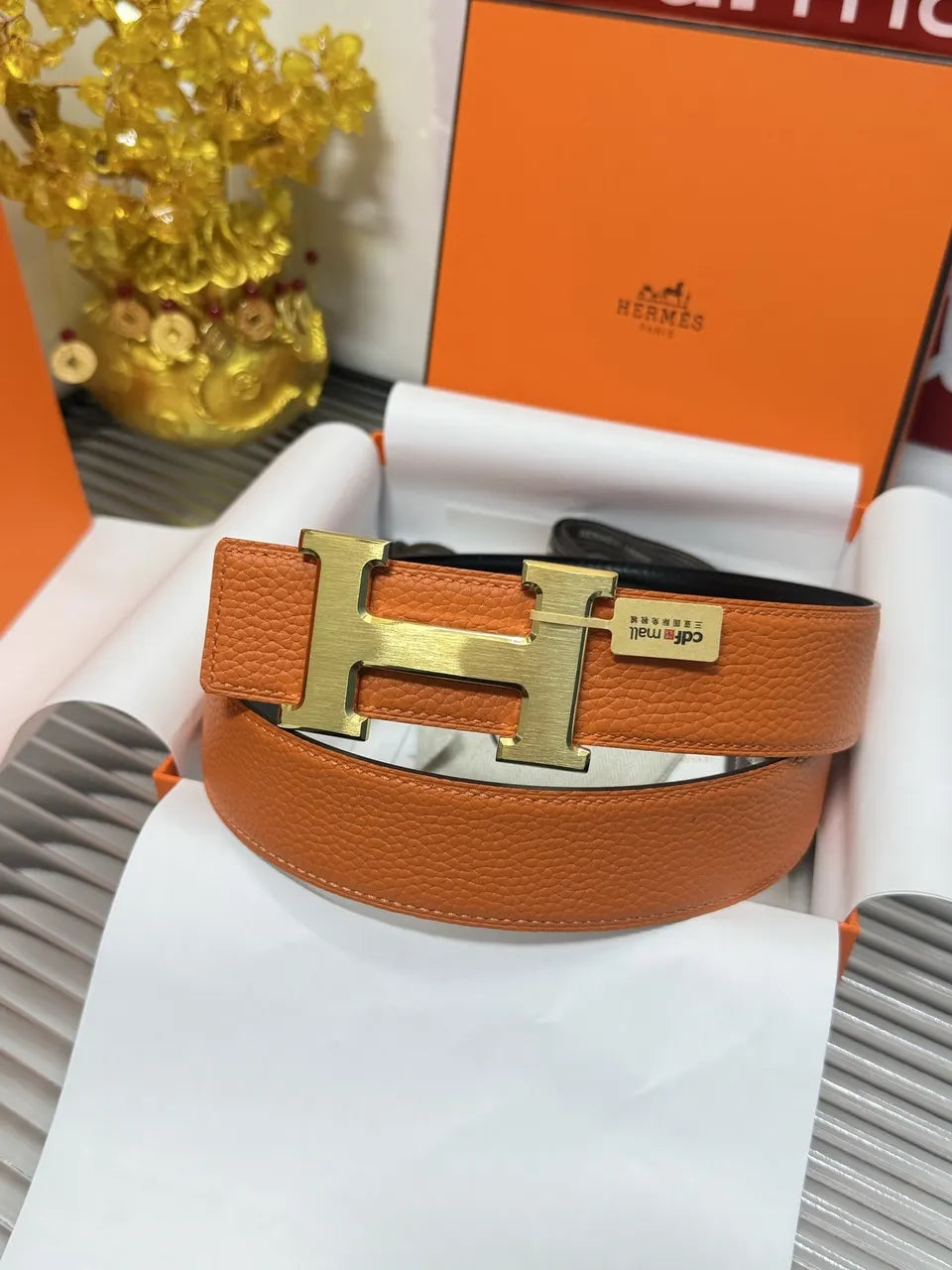 Hermes Orange Leather Belt gold
