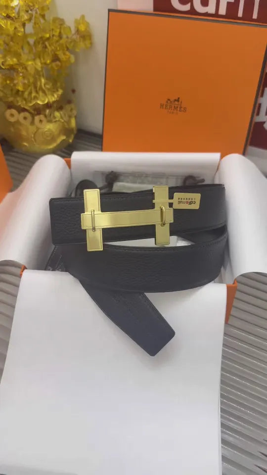 Hermes Black Leather Belt Gold Buckle