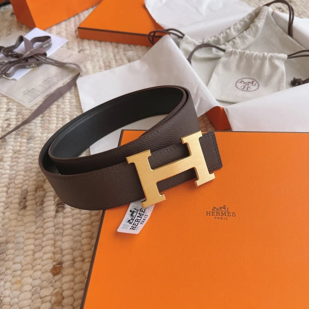 gold buckle Hermes Brown Leather Belt - Hình 2