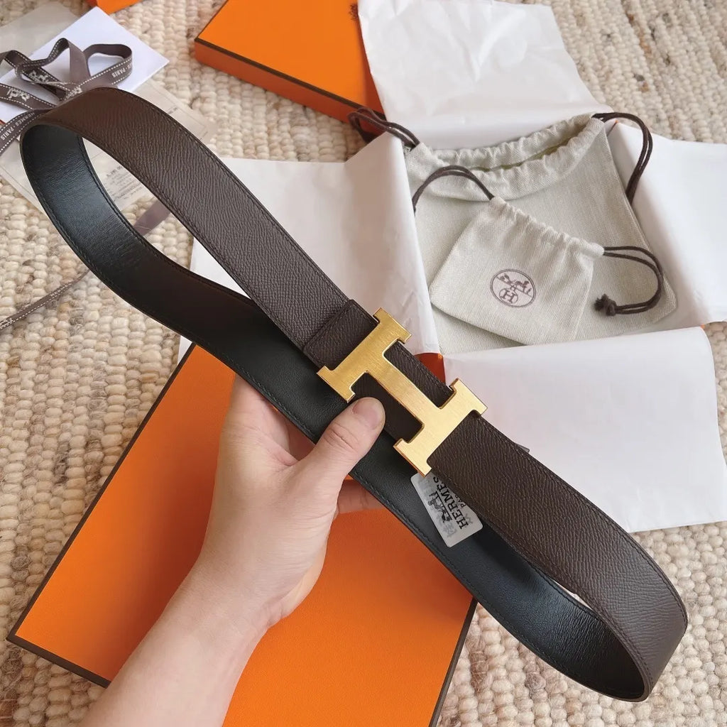 gold buckle Hermes Brown Leather Belt - Hình 3