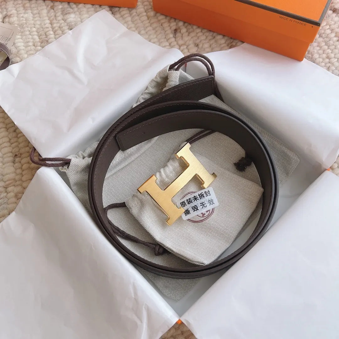 gold buckle Hermes Brown Leather Belt - Hình 5
