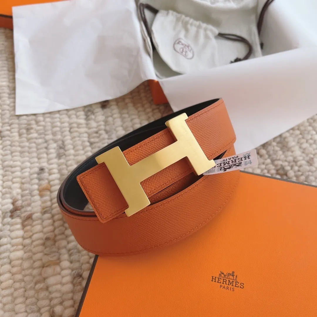 Hermes Orange Leather Belt gold