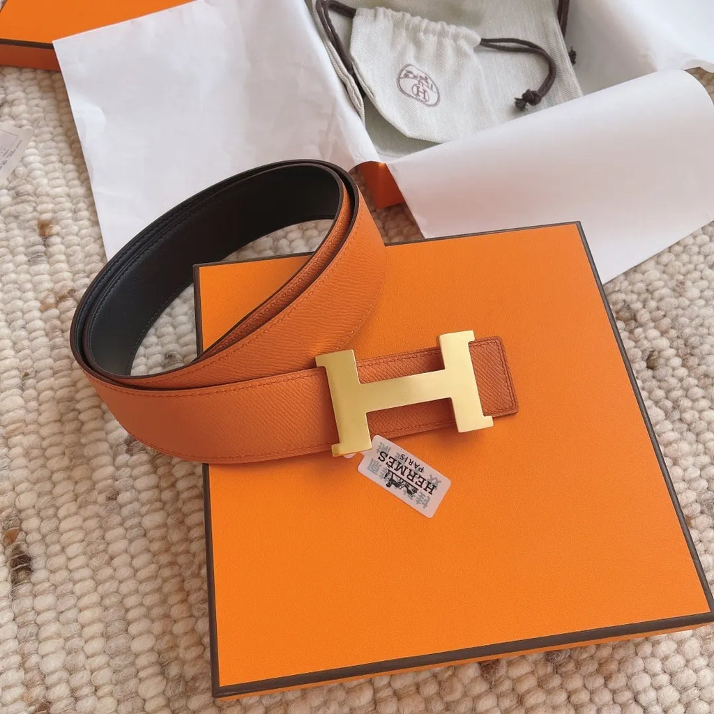 Hermes Orange Leather Belt gold - Hình 3