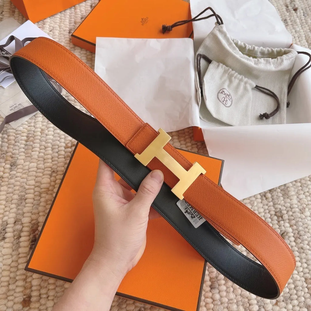 Hermes Orange Leather Belt gold - Hình 4