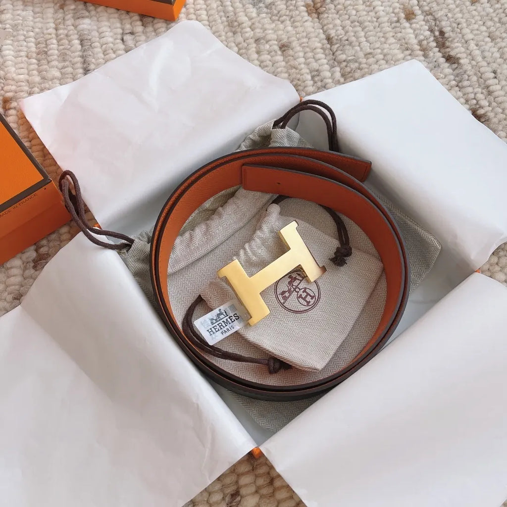 Hermes Orange Leather Belt gold - Hình 6