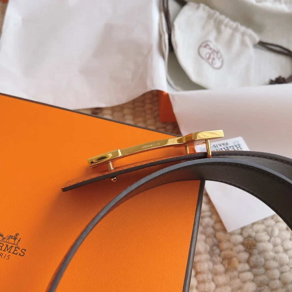Hermes Orange Leather Belt gold - Hình 8