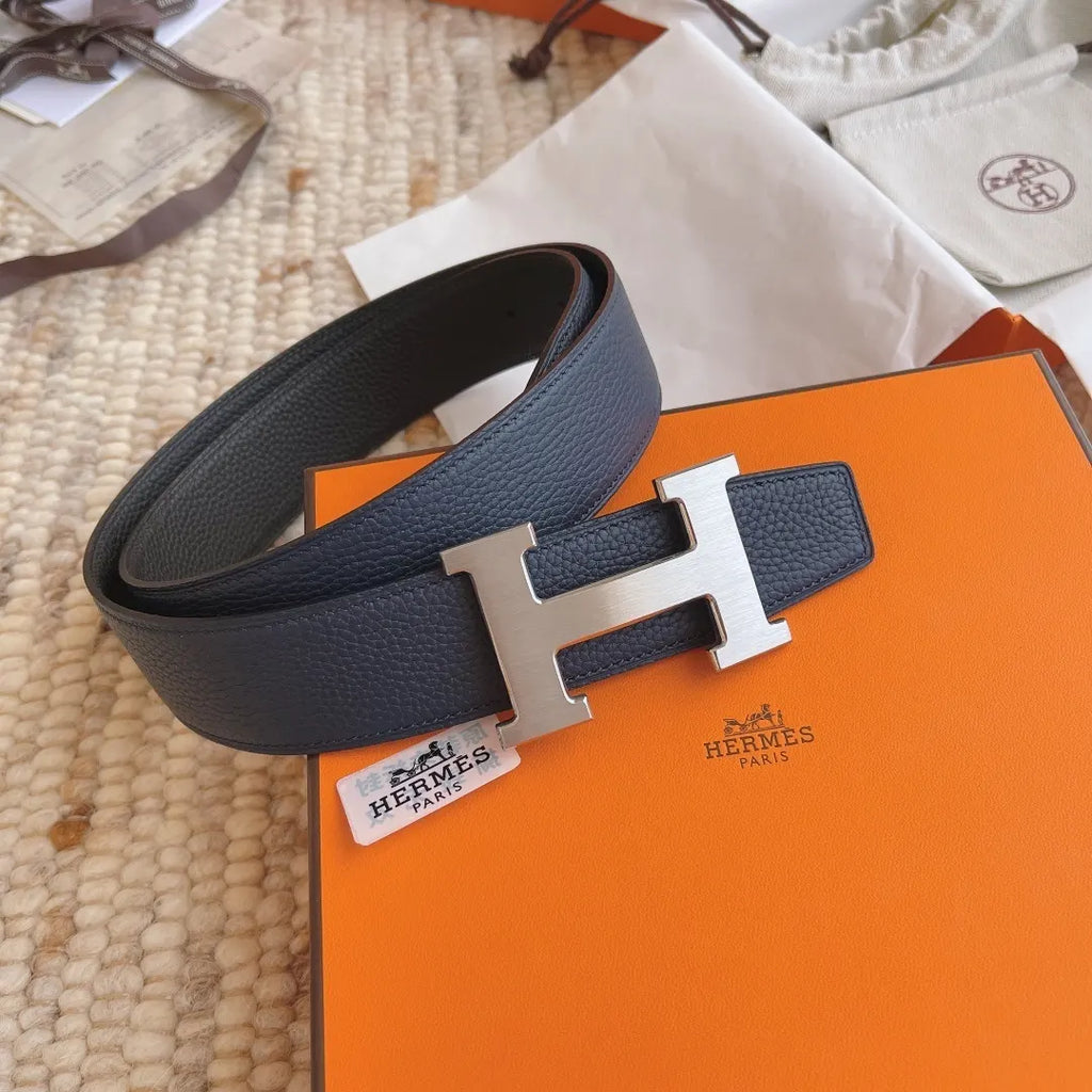 silver Hermes Blue Leather Belt - Hình 2