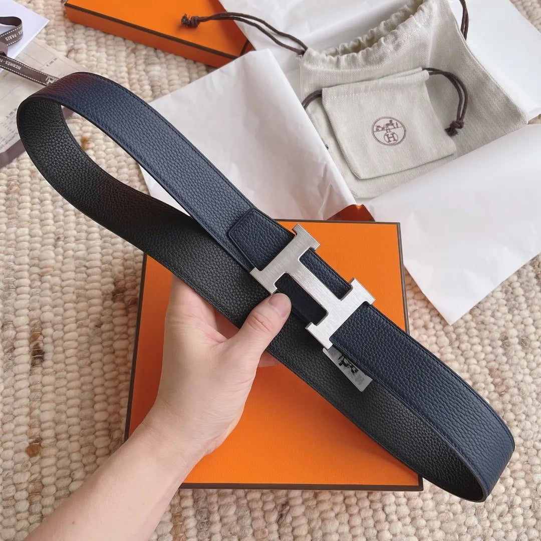 silver Hermes Blue Leather Belt - Hình 3