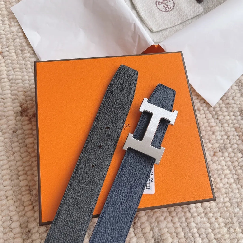 silver Hermes Blue Leather Belt - Hình 4