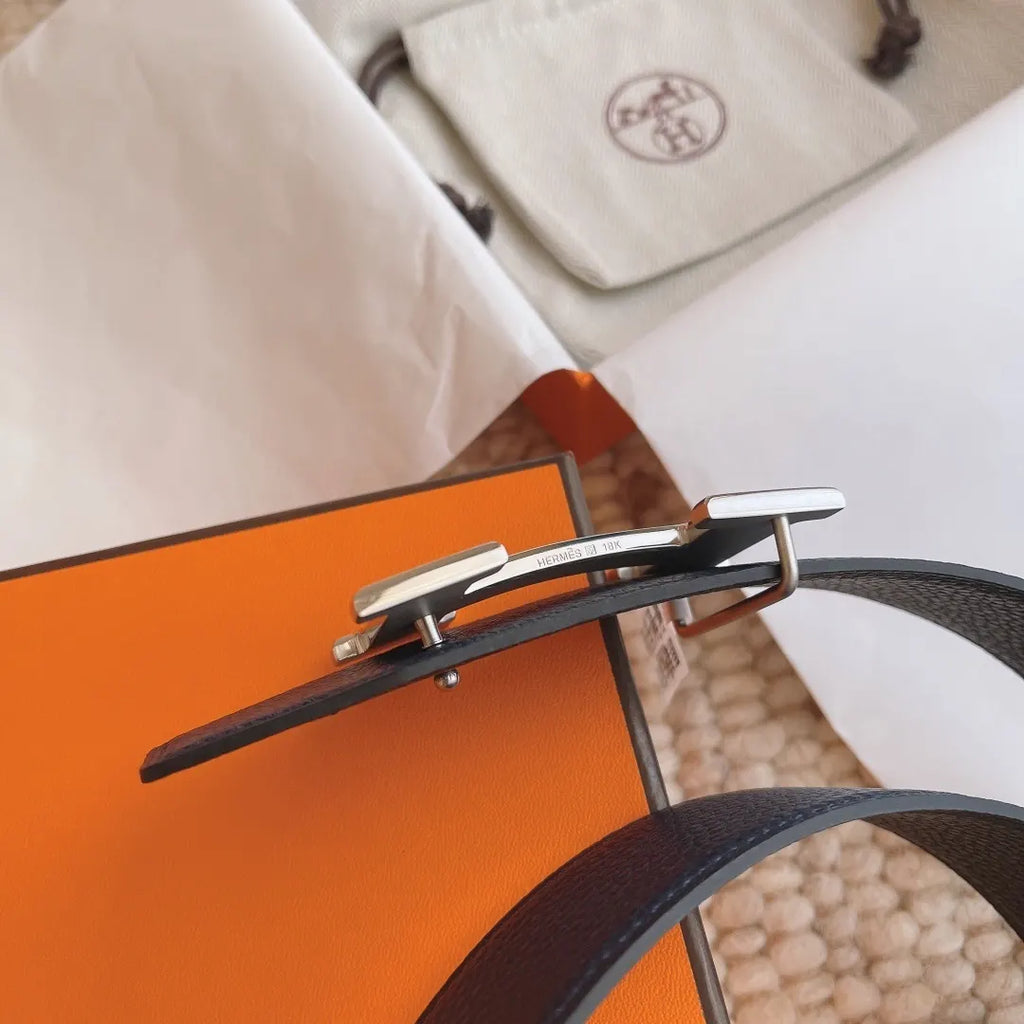 silver Hermes Blue Leather Belt - Hình 5