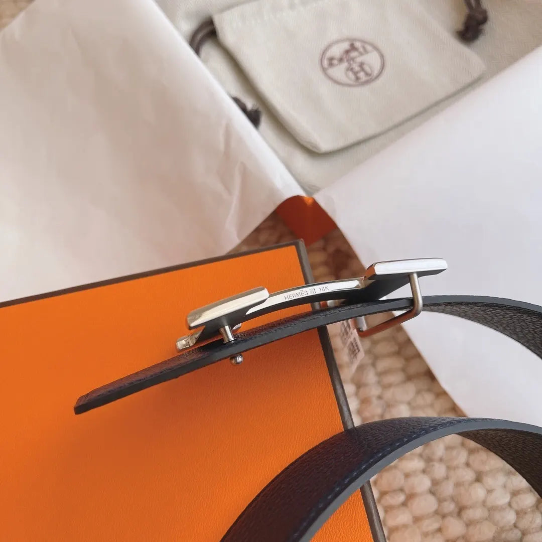 silver Hermes Blue Leather Belt - Hình 5