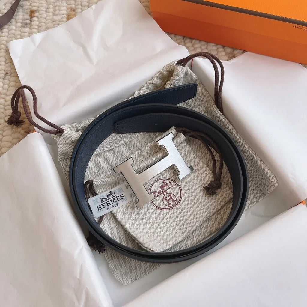 silver Hermes Blue Leather Belt - Hình 6