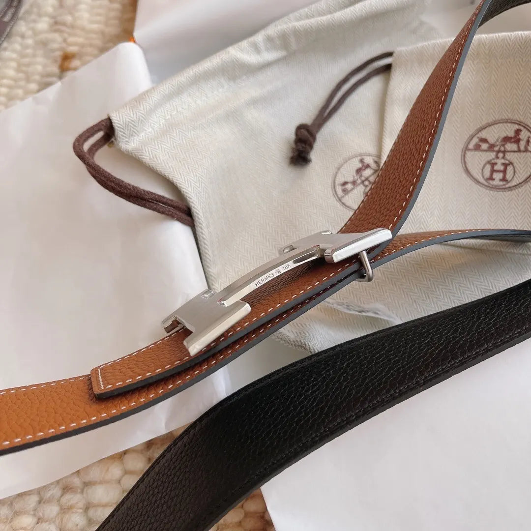 Hermes Tan Black Reversible Belt - Hình 8