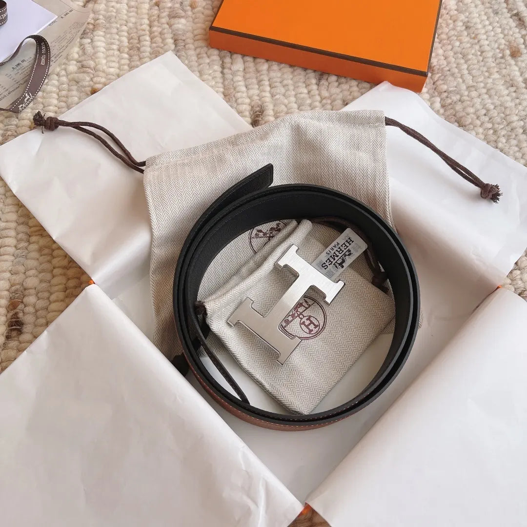 Hermes Tan Black Reversible Belt - Hình 9