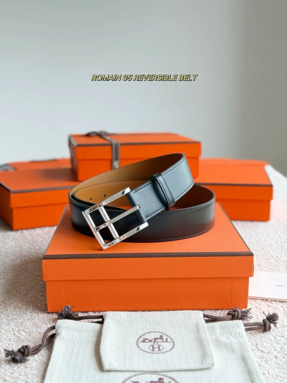 Hermes Romain 35 Black Leather Reversible Belt - Hình 2