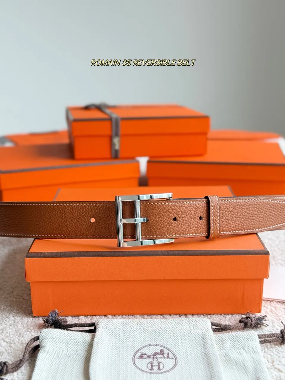 Hermes Romain 35 Brown Leather Reversible Belt - Hình 3
