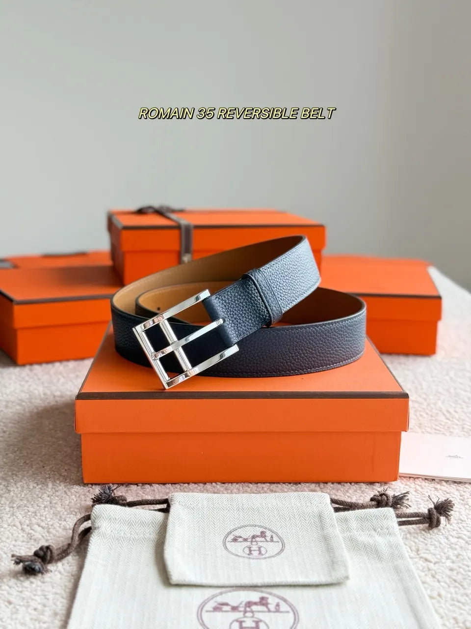 Hermes Black Leather Reversible Belt - Hình 2