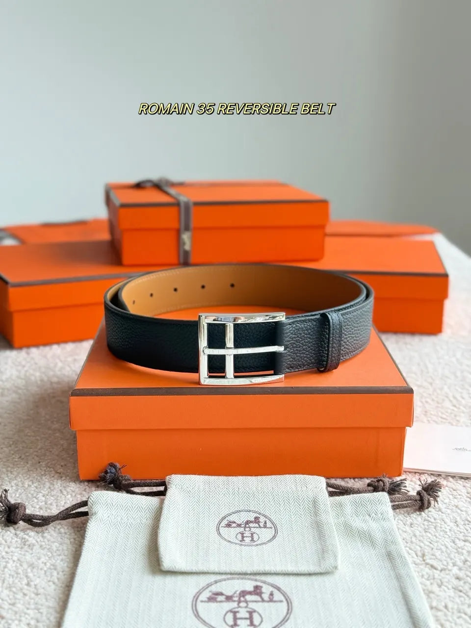 Hermes Black Romain 35 Reversible Belt
