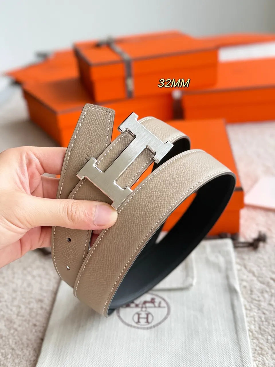 Hermes Taupe Reversible Belt - Hình 3