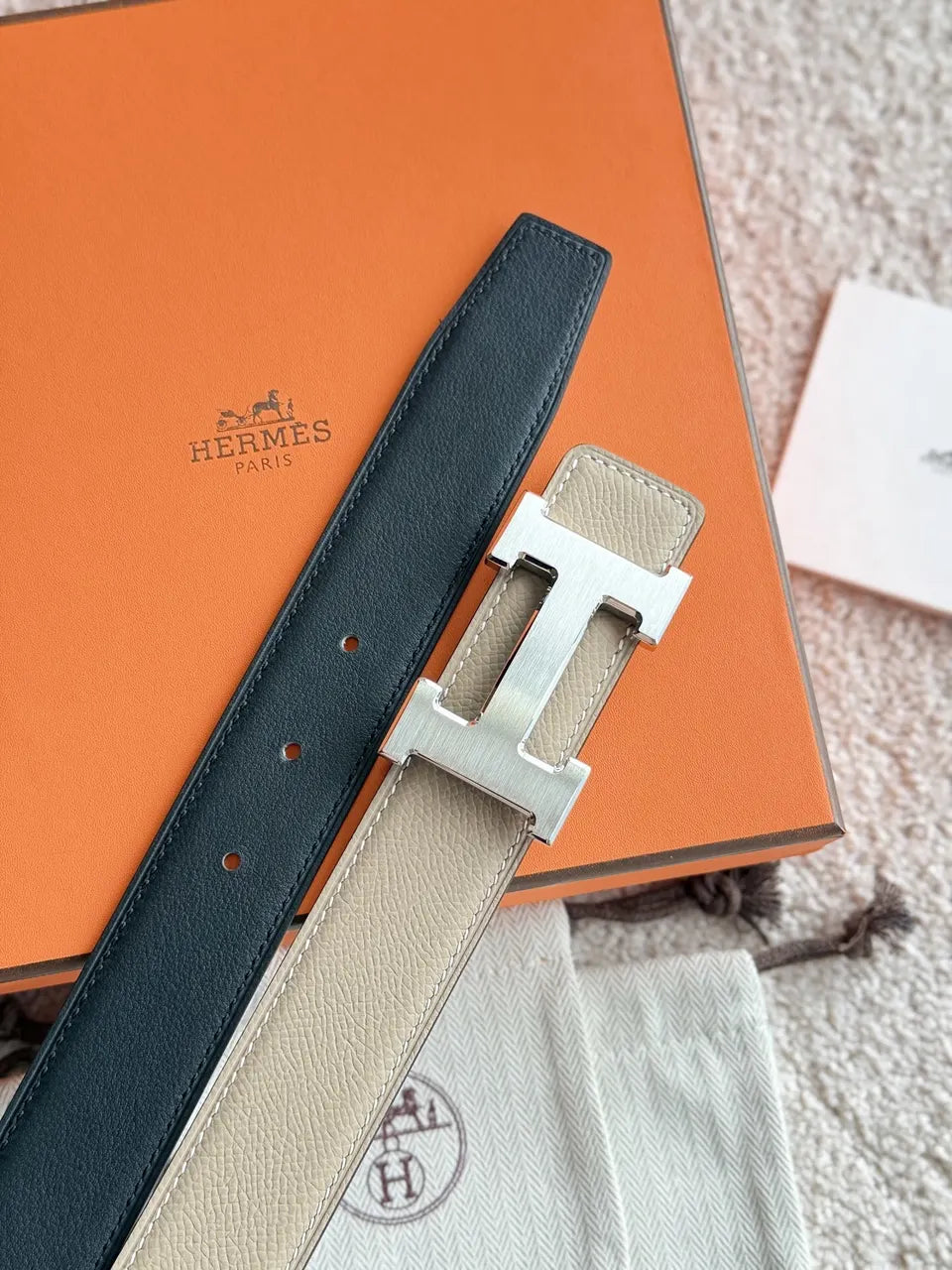 Hermes Taupe Reversible Belt - Hình 6
