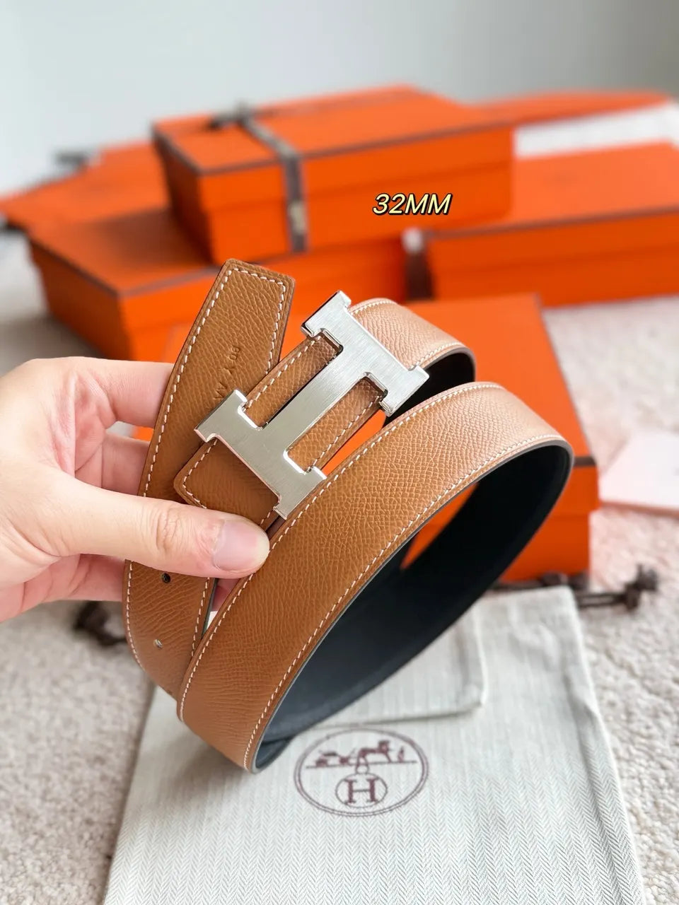 Hermes Caramel Reversible Belt - Hình 3