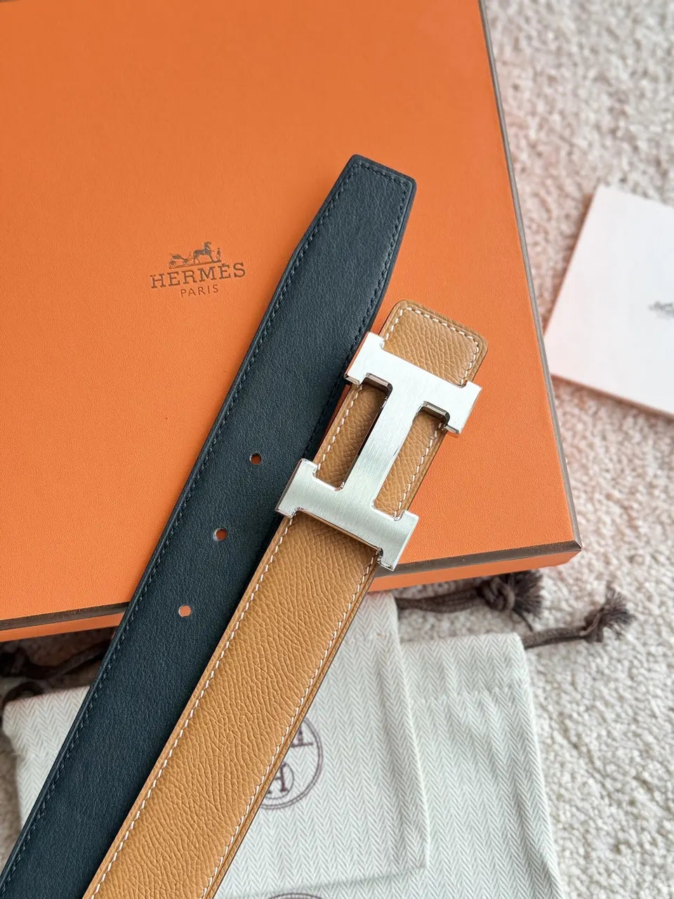 Hermes Caramel Reversible Belt - Hình 6