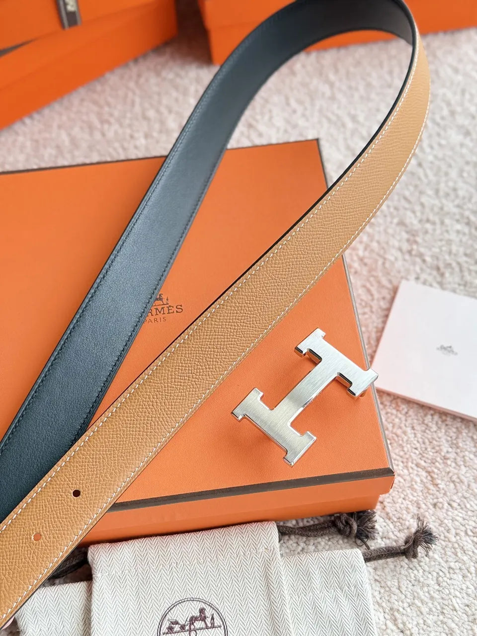 Hermes Caramel Reversible Belt - Hình 8