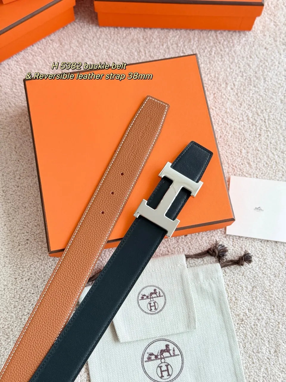 silver Hermes Tan & Black Reversible Belt - Hình 2