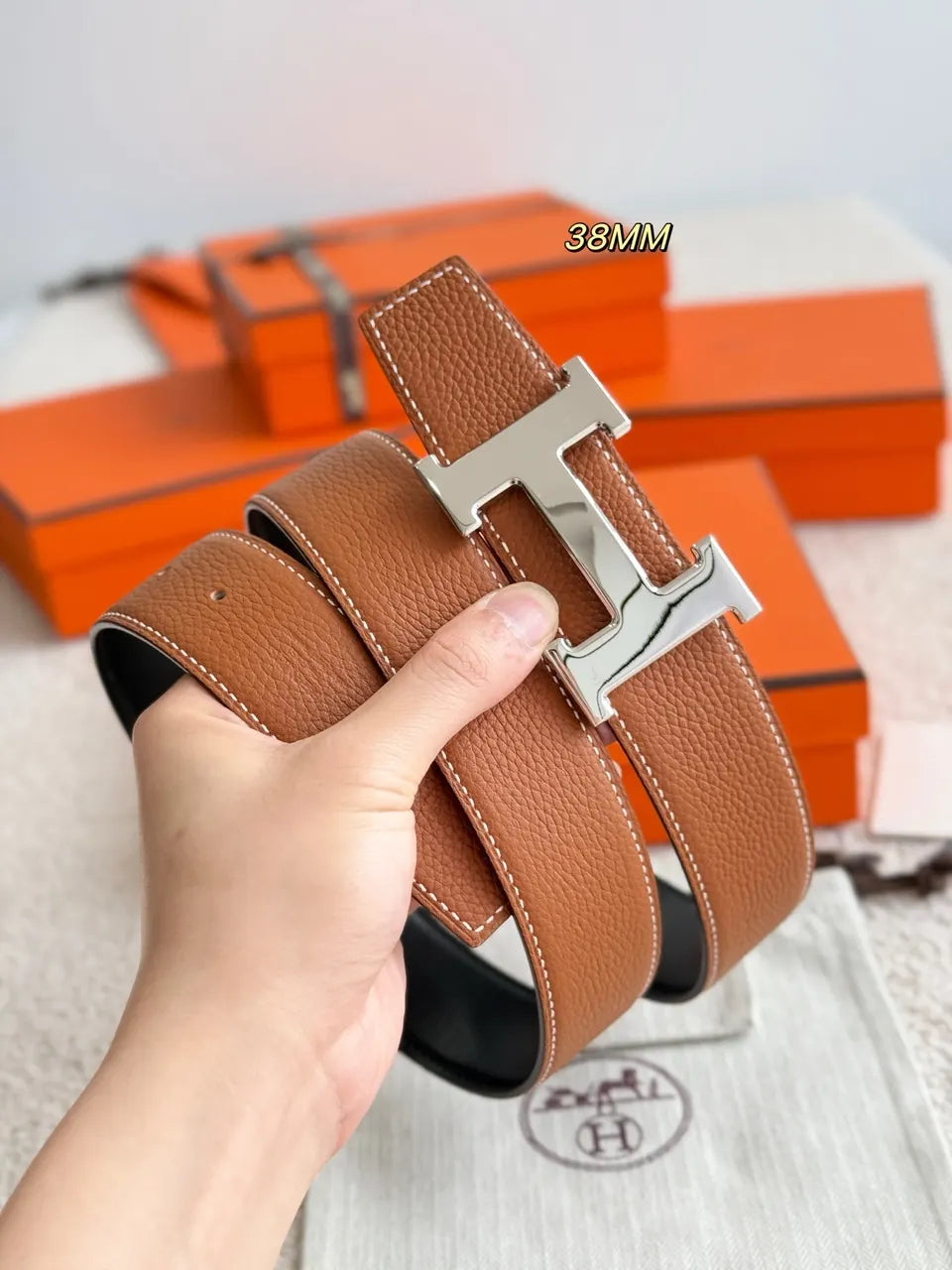 silver Hermes Tan & Black Reversible Belt - Hình 3