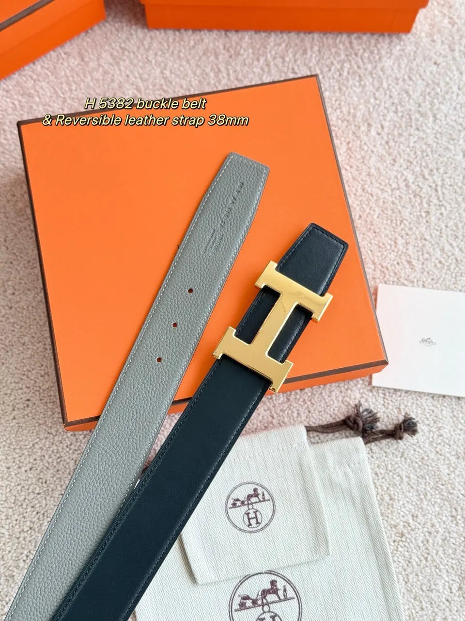 Hermes Grey & Black Reversible Leather Belt - Hình 2