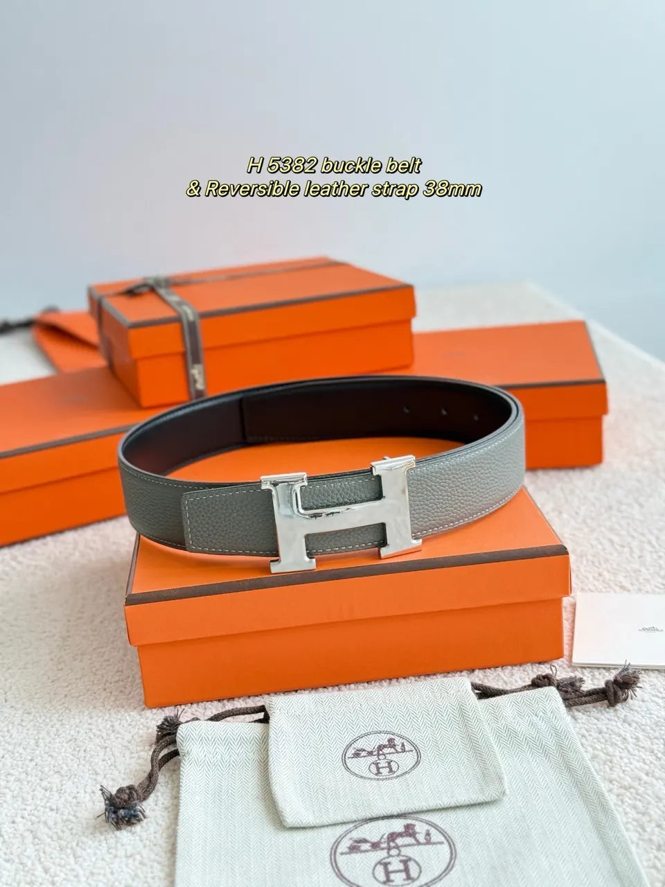 Hermes Gray Black Leather Belt