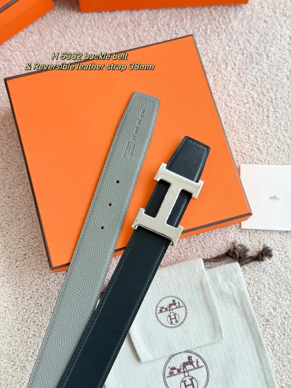 Hermes Gray Black Leather Belt - Hình 2